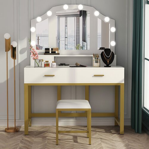 Everly Quinn 47 Large Vanity Set With Tri Folding Lighted Mirror Elegant Makeup Table Vanity Dresser With 4 Drawers 10 Led Lights And Cushioned Stool Dressing Table For Girls Bedroom White Gold Wayfair Ca