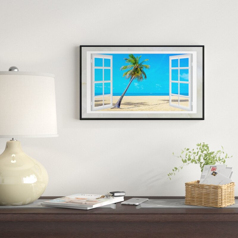 East Urban Home Open Window To Beach With Palm Framed Graphic Art Print On Wrapped Canvas Wayfair