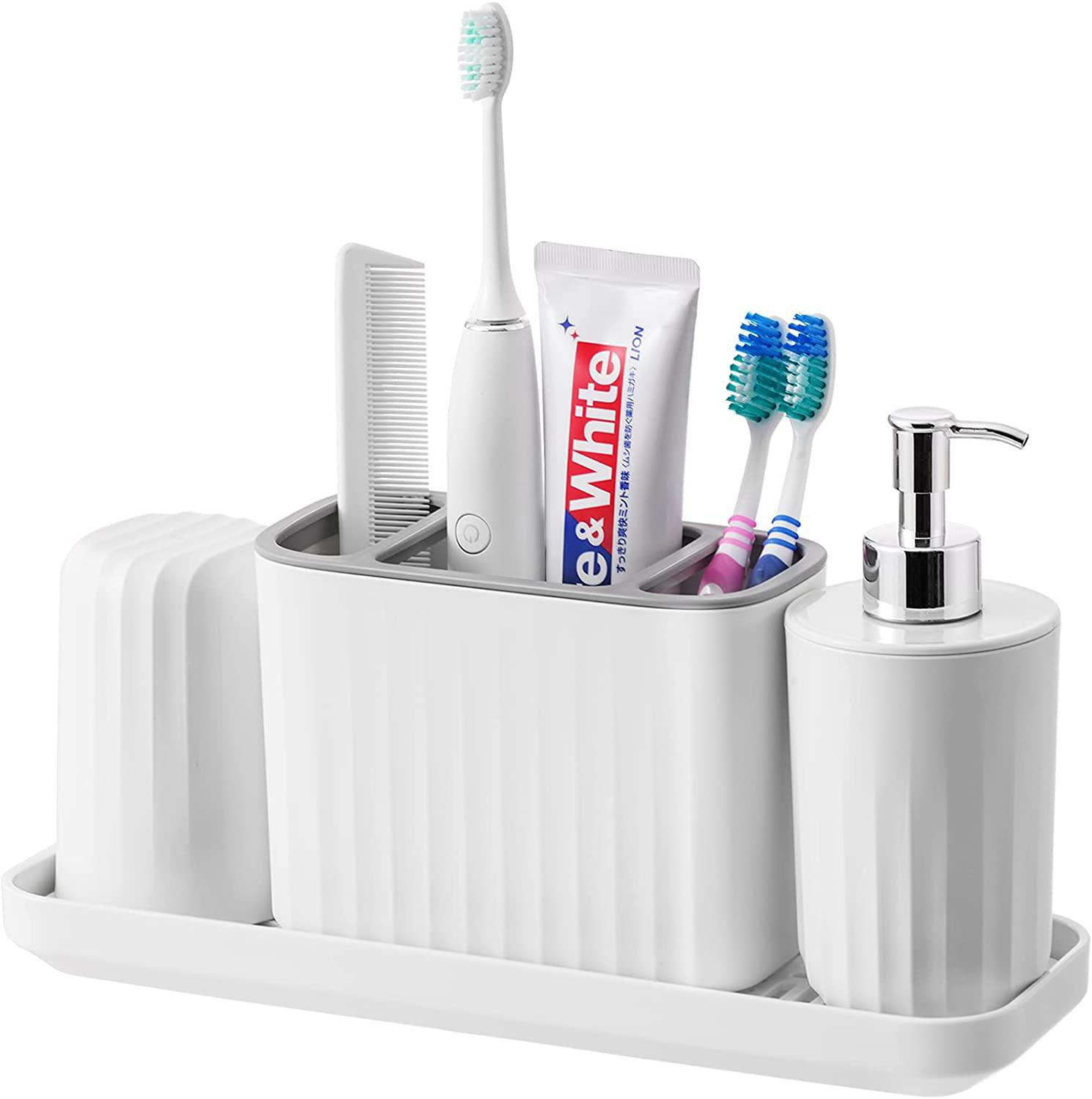 Latitude Run Toothbrush Holder Bathroom Organizer Countertop Bathroom Counter Asseccories Storage Set With Tumbler Soap Dispenser Drainage Tray For Bathroom Vanity Toothpaste Kids White Plastic Wayfair