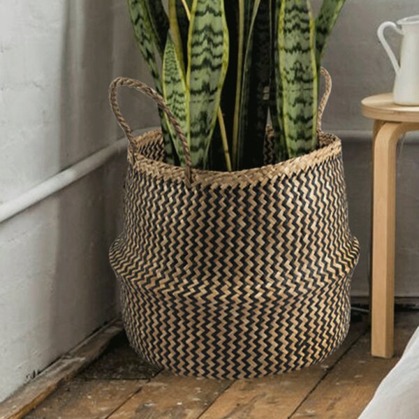 Large Black Woven Seagrass Belly Basket for Storage Plant Pot 16” height 