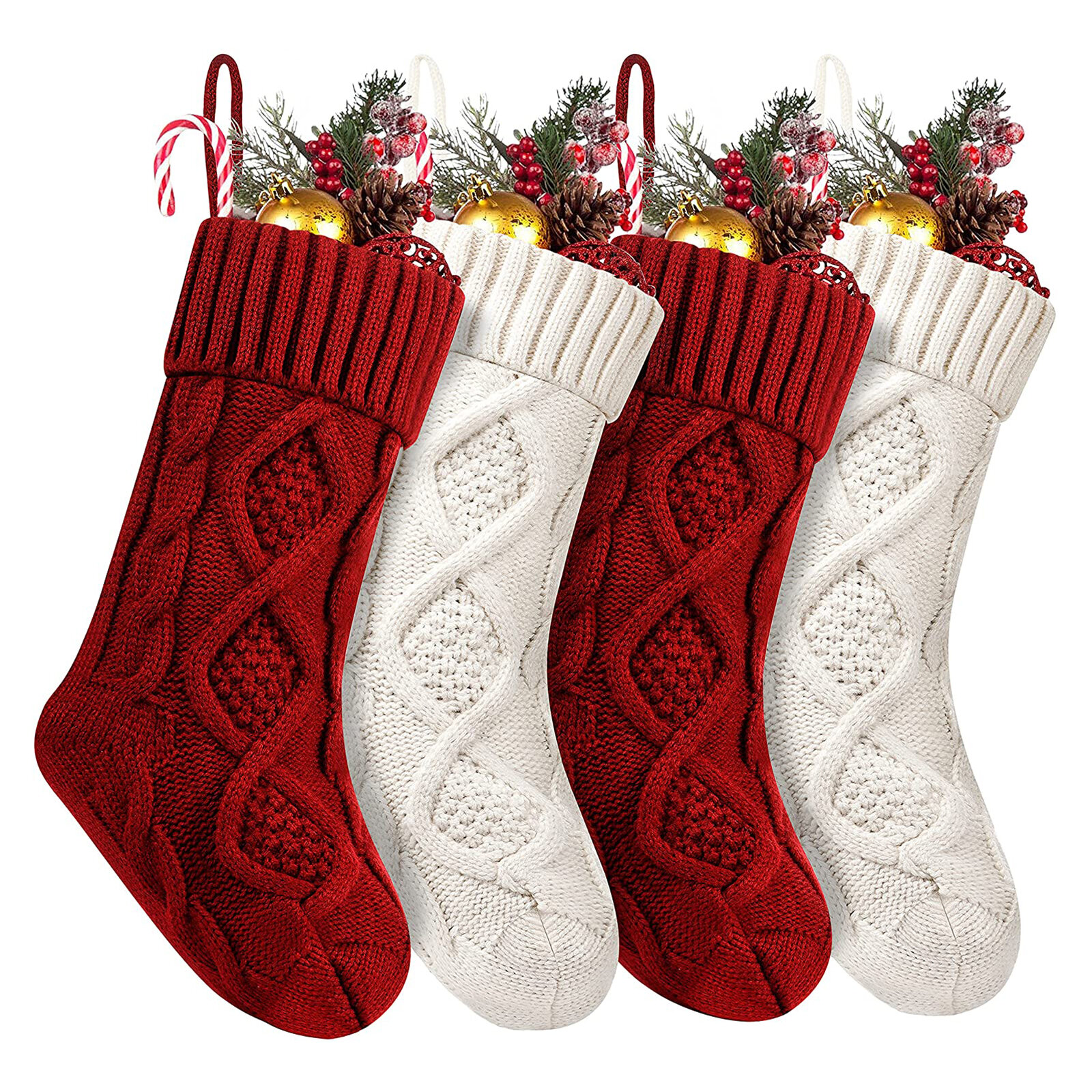 SEVENS Knit Christmas Stockings 4 Pack 18 Large Cable Xmas Stockings Classic Burgundy Red & Ivory White Chunky Hand Stockings