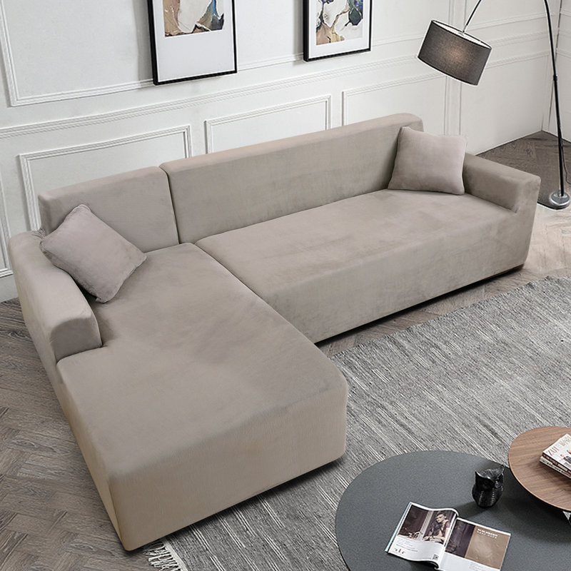 Thick Velvet L-Shaped Sofa Cover - Sectional Sofa Cover With 2 Throw Pillow Covers Upholstery Color: Silver Gray