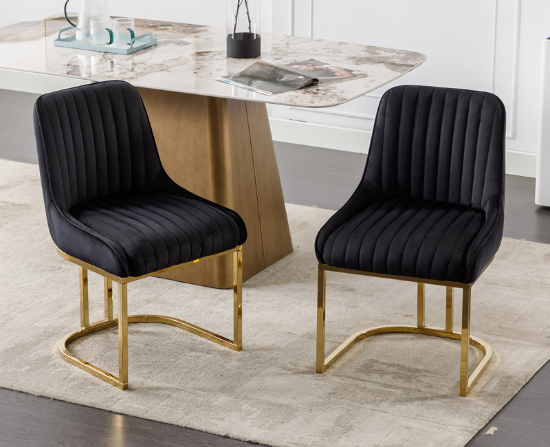 Junias Dining Chair Velvet Upholstered Dining Chairs Modern Accent Dining Room Chairs with Gold Metal Base Comfy Padded Kitchen Chairs Armless Side Chairs for Kitchen Dining Room Upholstery Color: Black