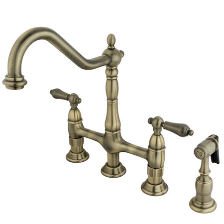Heritage Bridge Faucet with Side Spray #bridgefaucet #brassfaucet #FrenchCountry