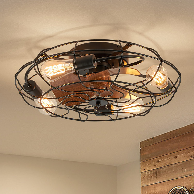 20.4" Bloneva Farmhouse Caged Ceiling Fan with Light Kit and Remote Control Included Finish: Black with Brown Blades