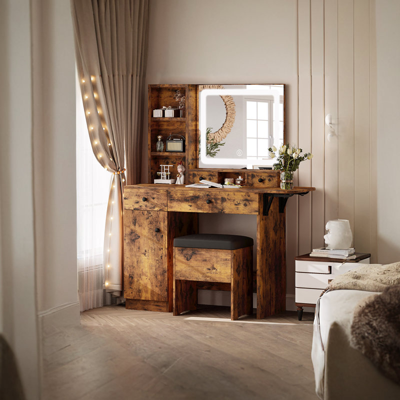 vanity desk set with led lighted mirror & power outlet, makeup table top with 3 open bookcases, 3 cubbies, 2 drawers, dresser table for bedroom, checkroom color: vintage brown