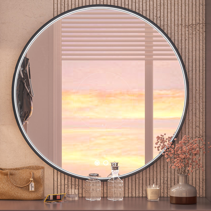 Fantina Round 3 Color Adjustable LED Metal Framed Wall Mirror with Anti-fog Size: 32" x 32", Finish: Gold