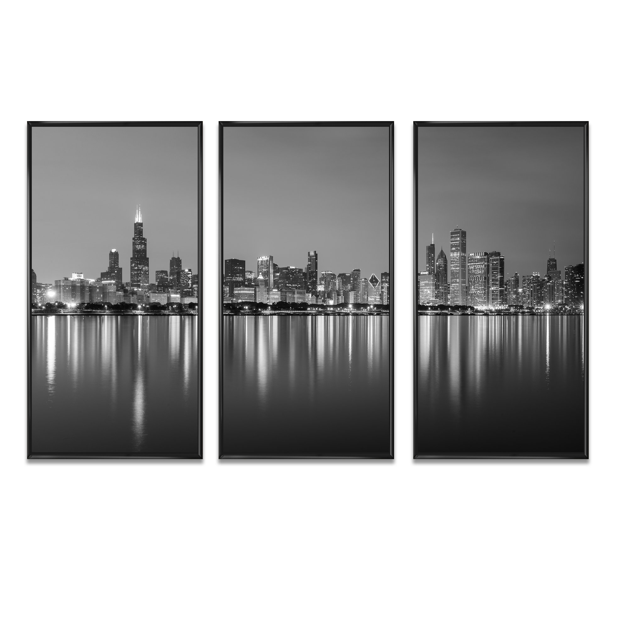 Ebern Designs Chicago Skyline At Night Black And White - 3 Piece ...