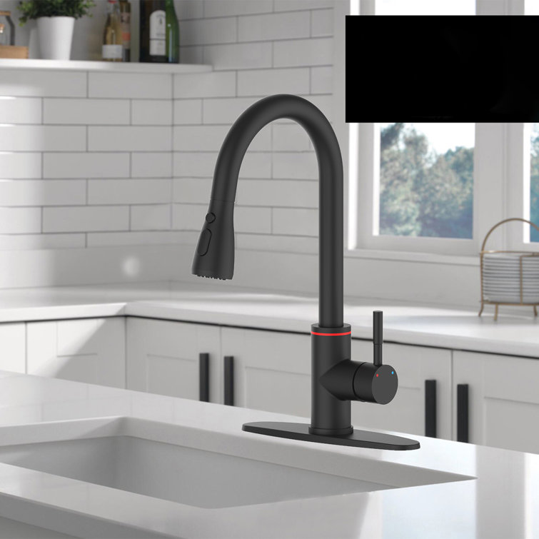 Kitchen Faucet With Pull Out Sprayer, Modern Single Handle Pull Down Sprayer Black Kitchen Sink Faucet With LED Light