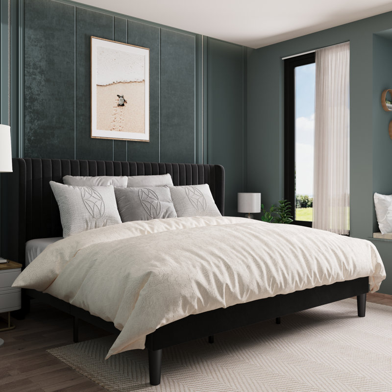 Candler Velvet Upholstered Platform Bed with Wingback Headboard and Wooden Slats Color: Black, Size: Full