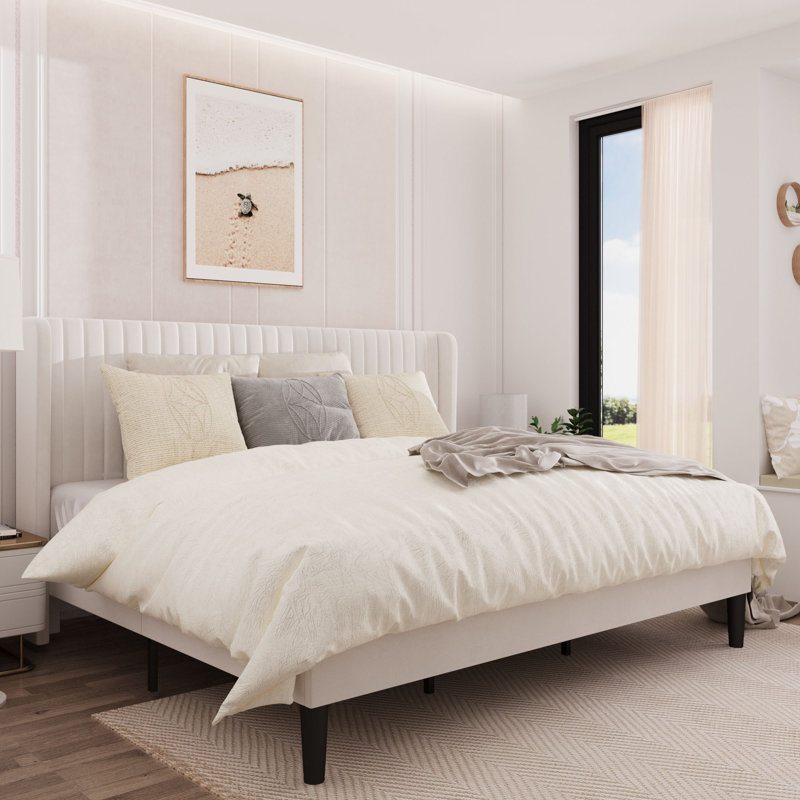Candler Velvet Upholstered Platform Bed with Wingback Headboard and Wooden Slats Color: White, Size: Full