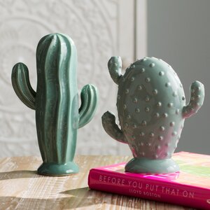 2 Piece Ceramic Cactus Statue Set