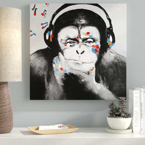 Ebern Designs Monkey With Headphones Oil Painting Print On Wrapped Canvas Wayfair