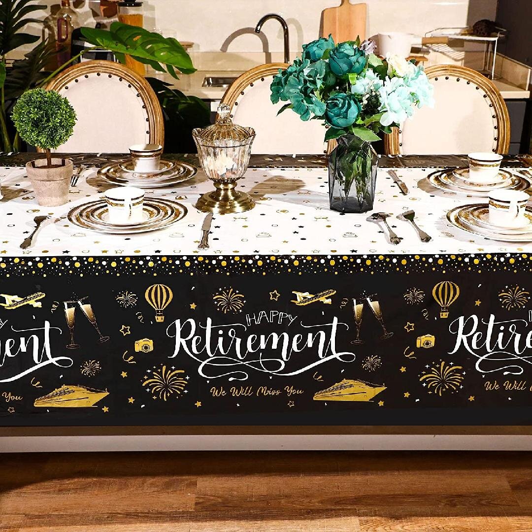 4 Pieces 54 X 108 Inch Happy Retirement Tablecloth Black And Gold Plastic  Disposable Retirement Table Cover Rectangle Tablecloth For Retirement Party  