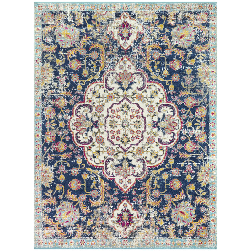 Bungalow Rose Summer Louise Oriental Navy Blue Light Beige Area Rug