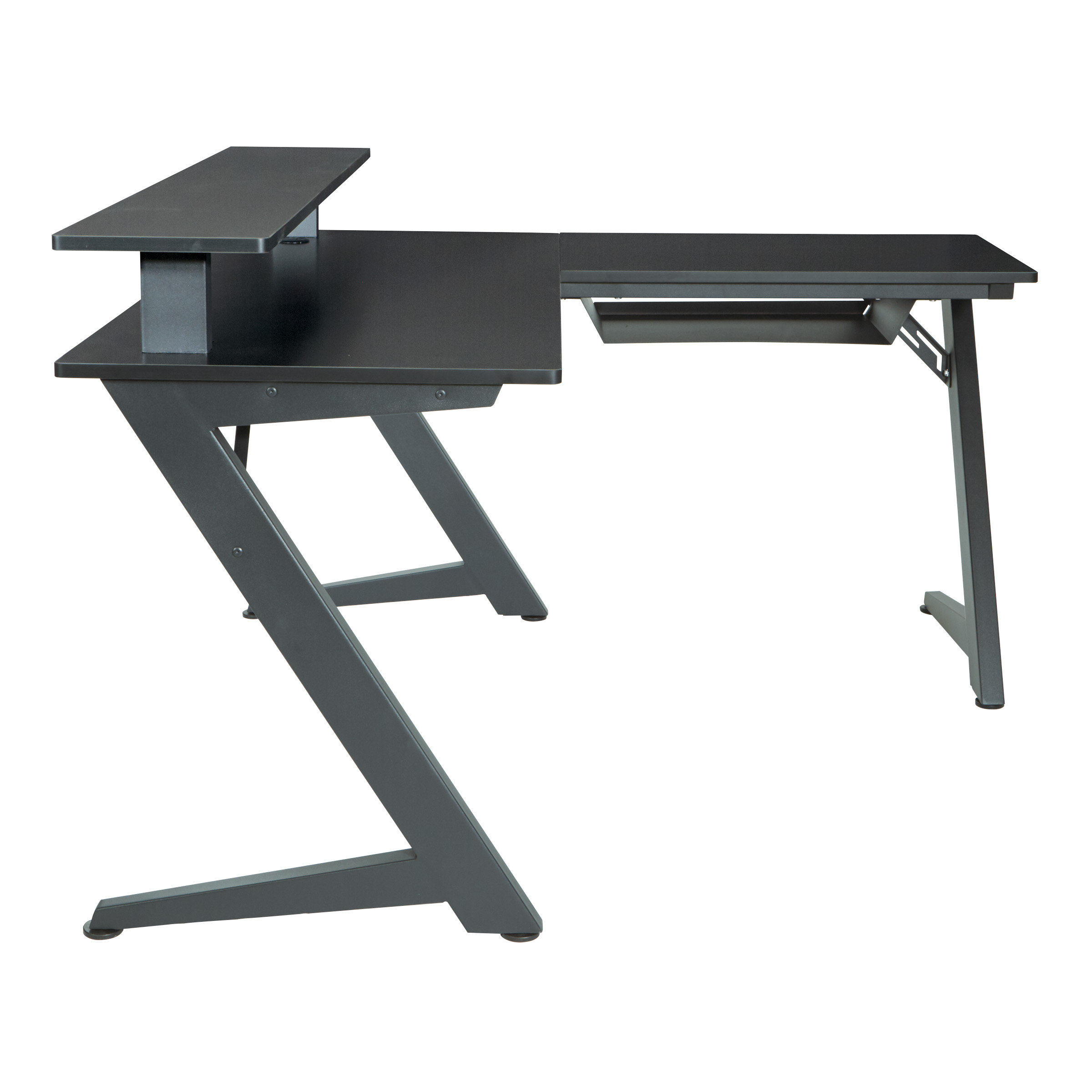 l shaped desk with raised monitor shelf