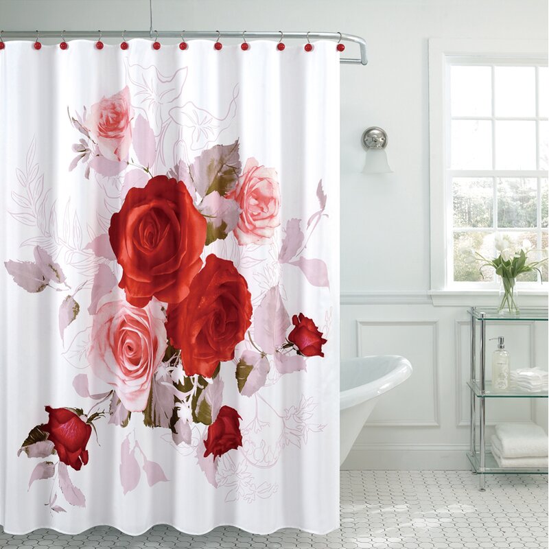 red and white shower curtain