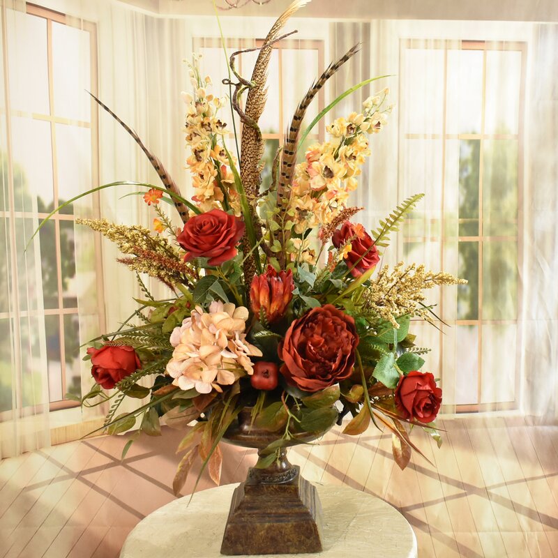 Floral Home Decor Large Silk Flower Arrangement with Feathers & Reviews ...