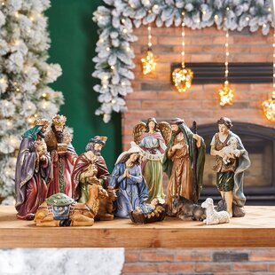 equival Christmas Nativity Wooden Ornament,Traditional Nativity Scene Display Table Decoration for Home with manger 