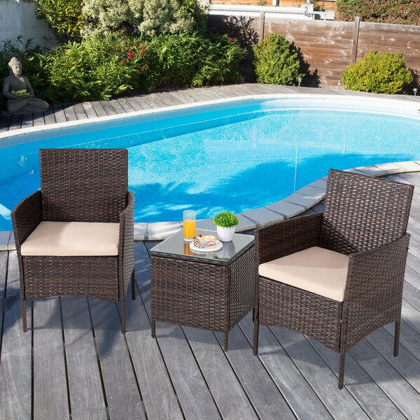 Garden Patio Poolside Grey 3 PCS Rattan Wicker Bar Set with Wood Grain Top Table and 2 Bar Stools for Outdoor 