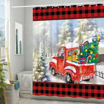 Christmas Tree Red Truck Rustic Wood Plank Waterproof Fabric Shower Curtain Set 