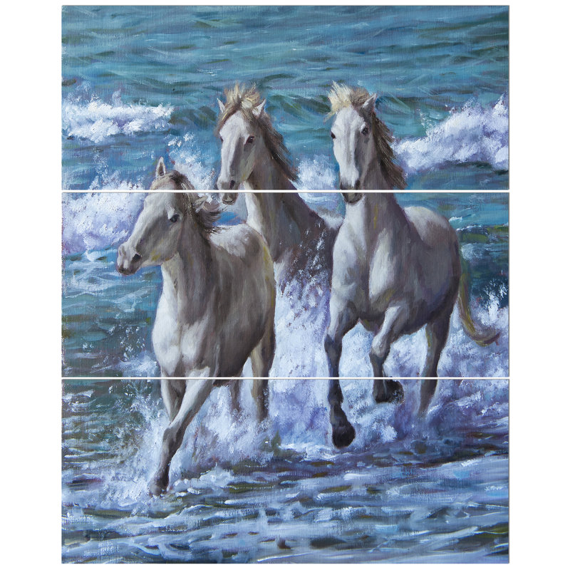 East Urban Home Three Horses Running In Seaside Oil Painting