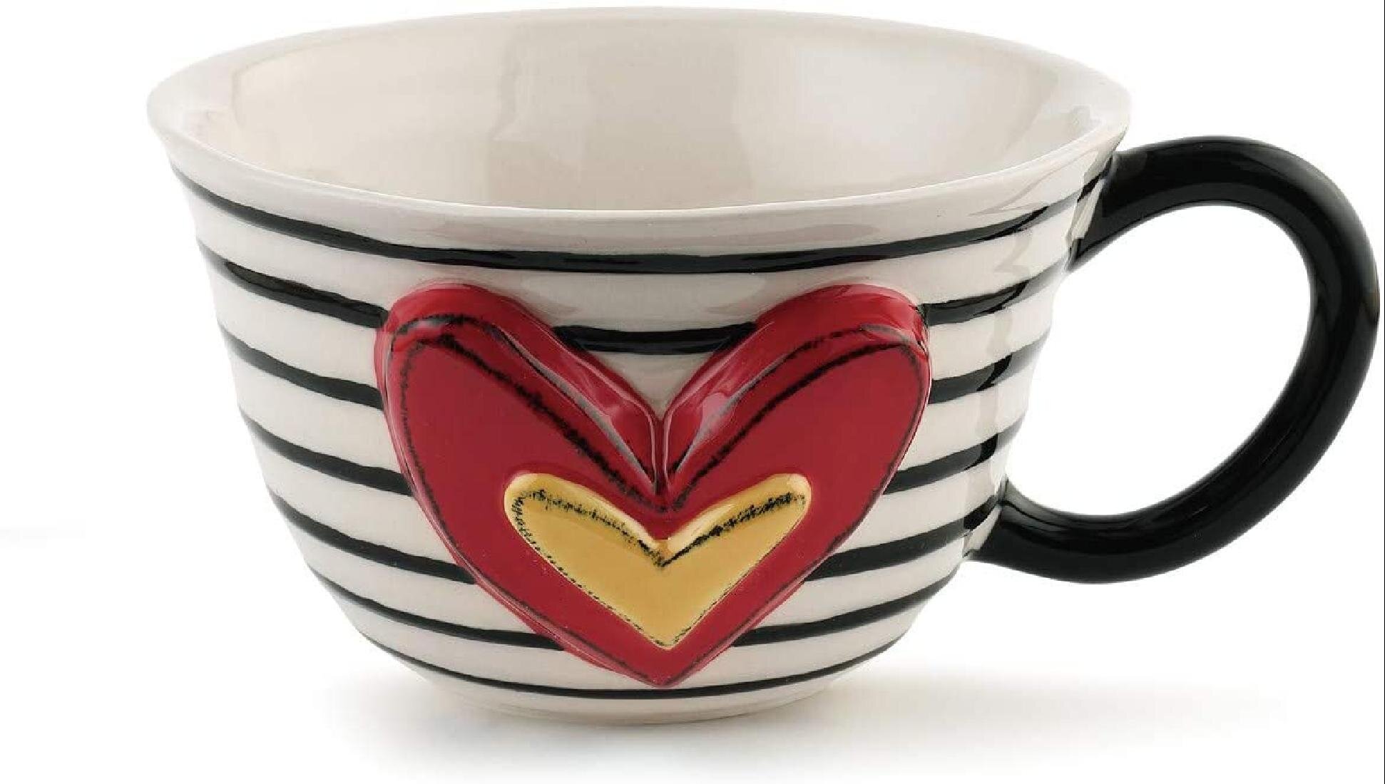 Narrow Stripe Black and White 12 ounce Glossy Ceramic Stoneware Tea Cup 