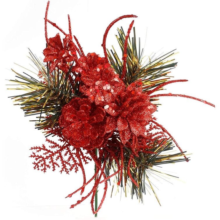 7" Red Glittered Traditional Christmas Ornament Pick With 6" Diameter 3 Gold Foil / Pine Tips Glitter Cedar, Cone And Flowers