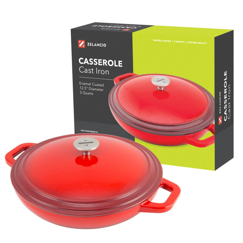 Slow Cooking Tangerine Orange ZEL-CD-ORG Perfect for Braising Simmering and Baking Zelancio Cookware 3-Quart Enameled Cast Iron Casserole Dish with lid