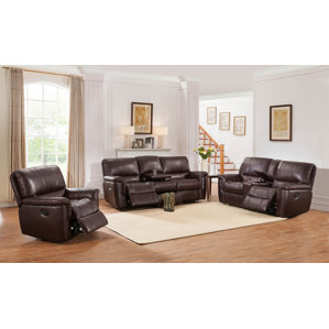 Deverell 3 Piece Brown Leather Reclining Living Room Set by World Menagerie