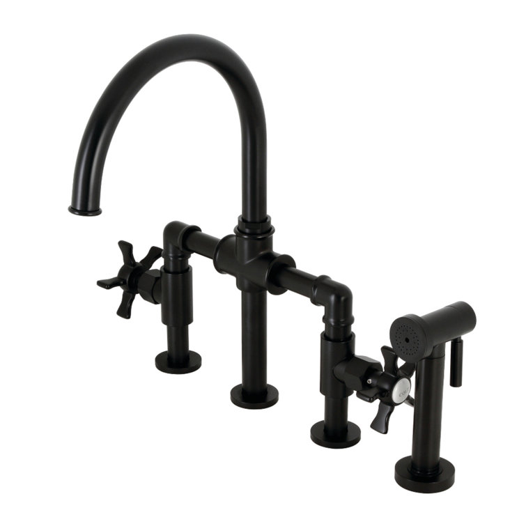 Kingston Brass KS2338NX Hamilton Industrial Style Bridge Kitchen Faucet  With Brass Sprayer, Brushed Nickel