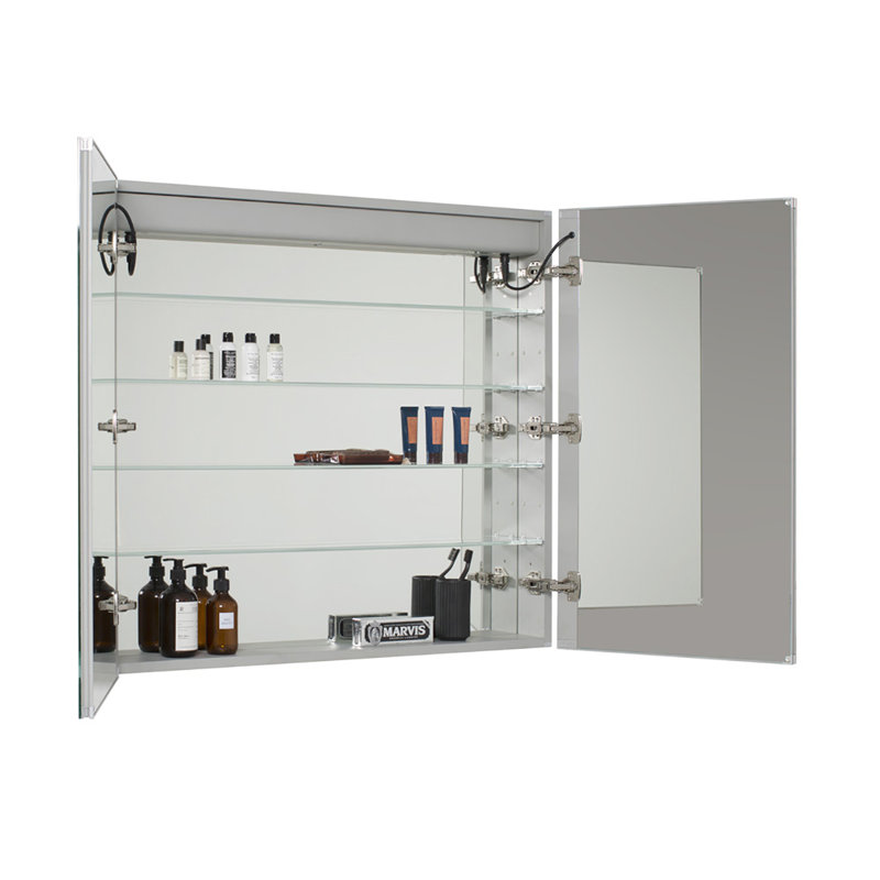 Orren Ellis Saybrook 48 X 36 Recessed Or Surface Mount Frameless Medicine Cabinet With 4 Adjustable Shelves Or Led Lighting And Electrical Outlet Wayfair