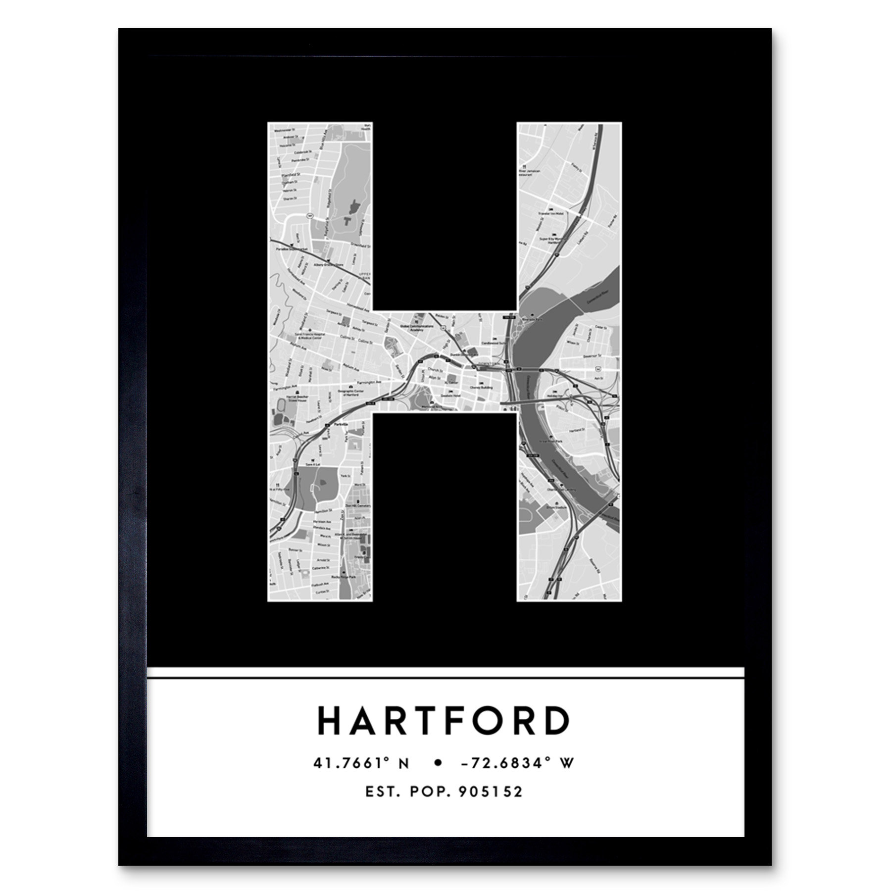 Wee Blue Coo Hartford City Map Hartford Black & White by Wee Blue Coo