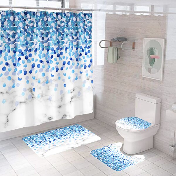 4Pcs/Set Anti-Slip Bathroom Toilet Rug+Lid Toilet Cover+Shower Curtain+Bath Mat 