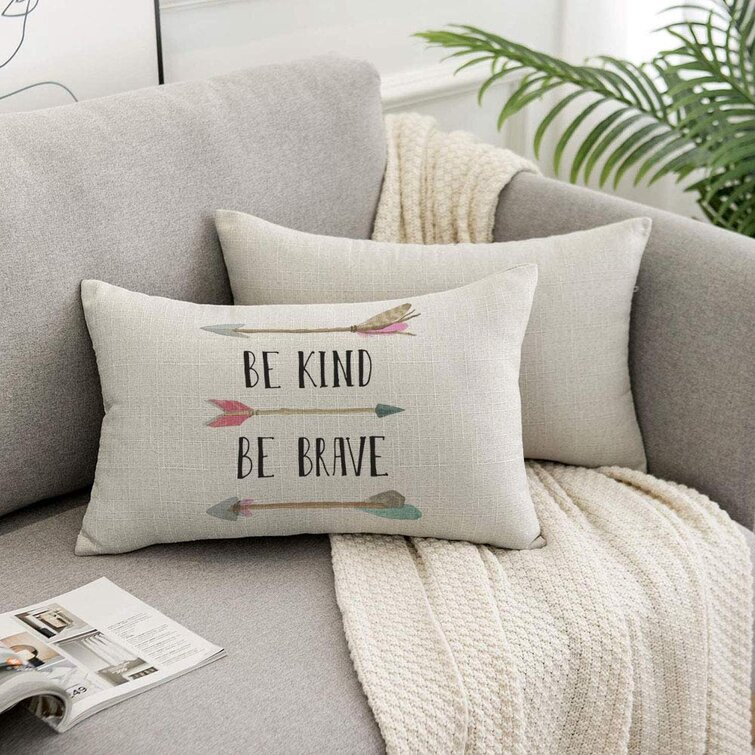 HOSNYE Be Kind Be Brave Throw Pillow Cover Tribal Style with Inspiration Quote and Arrow Linen Fabric for Couch Bed Sofa Car Waist Cushion Cover 12 x 20 inch Pillow Case 