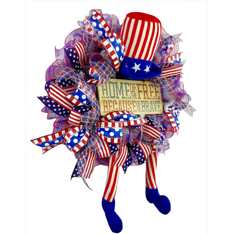 13” x 15” Handmade Patriotic/4th Deco Mesh Uncle Sam Hat Door Hanger Blue/Red