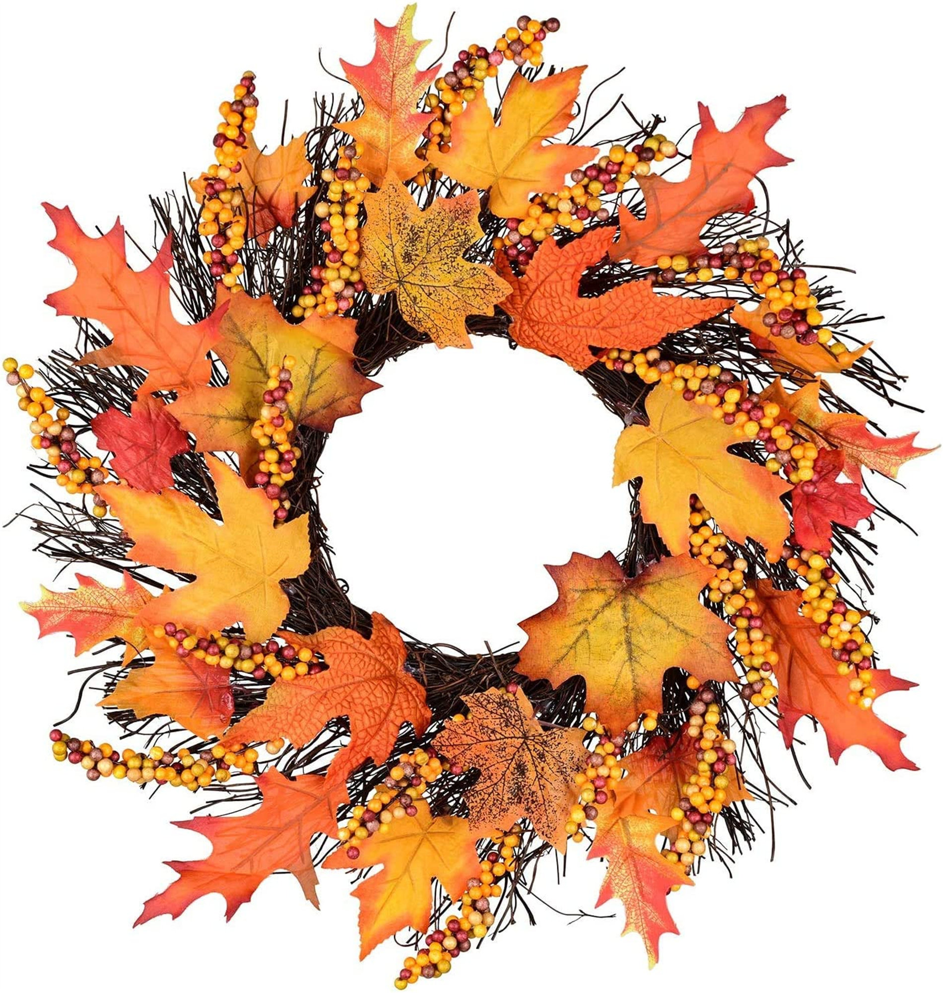 Primrue Silk Fall Front Door Wreath Large Fall Wreath, Maple Leafs, Berries And Pumpkin