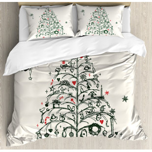 Christmas Fairies With Wands And Tree Hand Drawn Style With Wreath And Stockings Duvet Cover Set by Ambesonne Herry Up