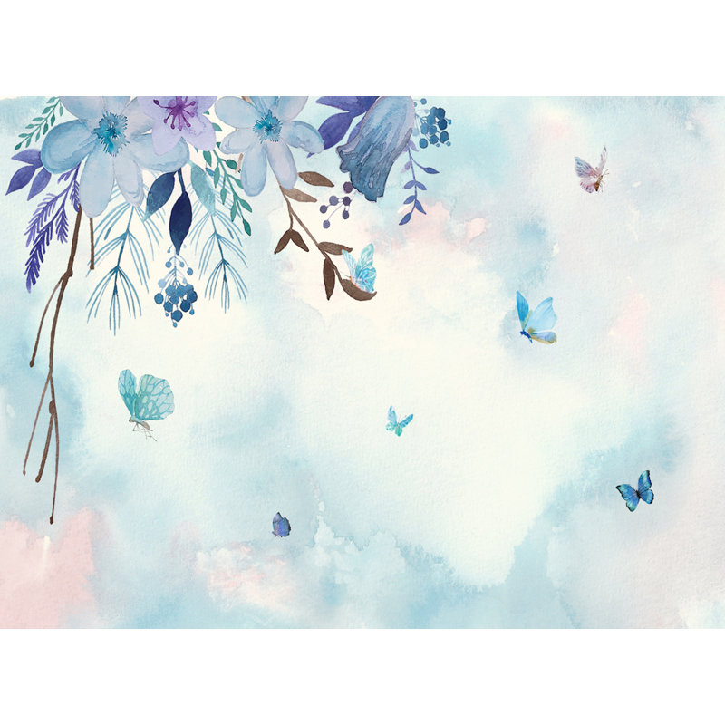 blue purple flower little butterfly daisy textile wallpaper
