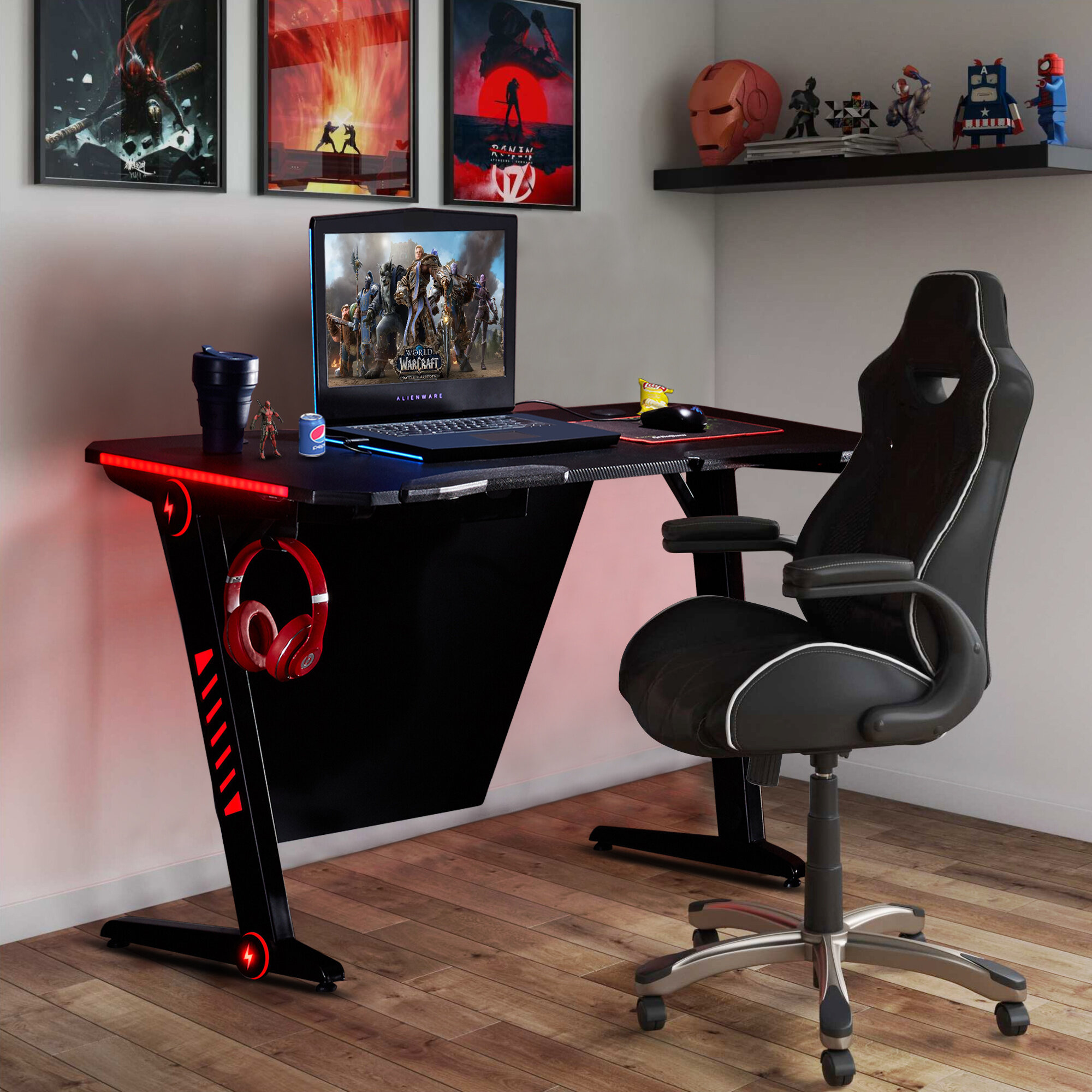 Gaming Desk Home Office PC Computer Gamer Table w/ RGB LED Lights&Headphone Hook 