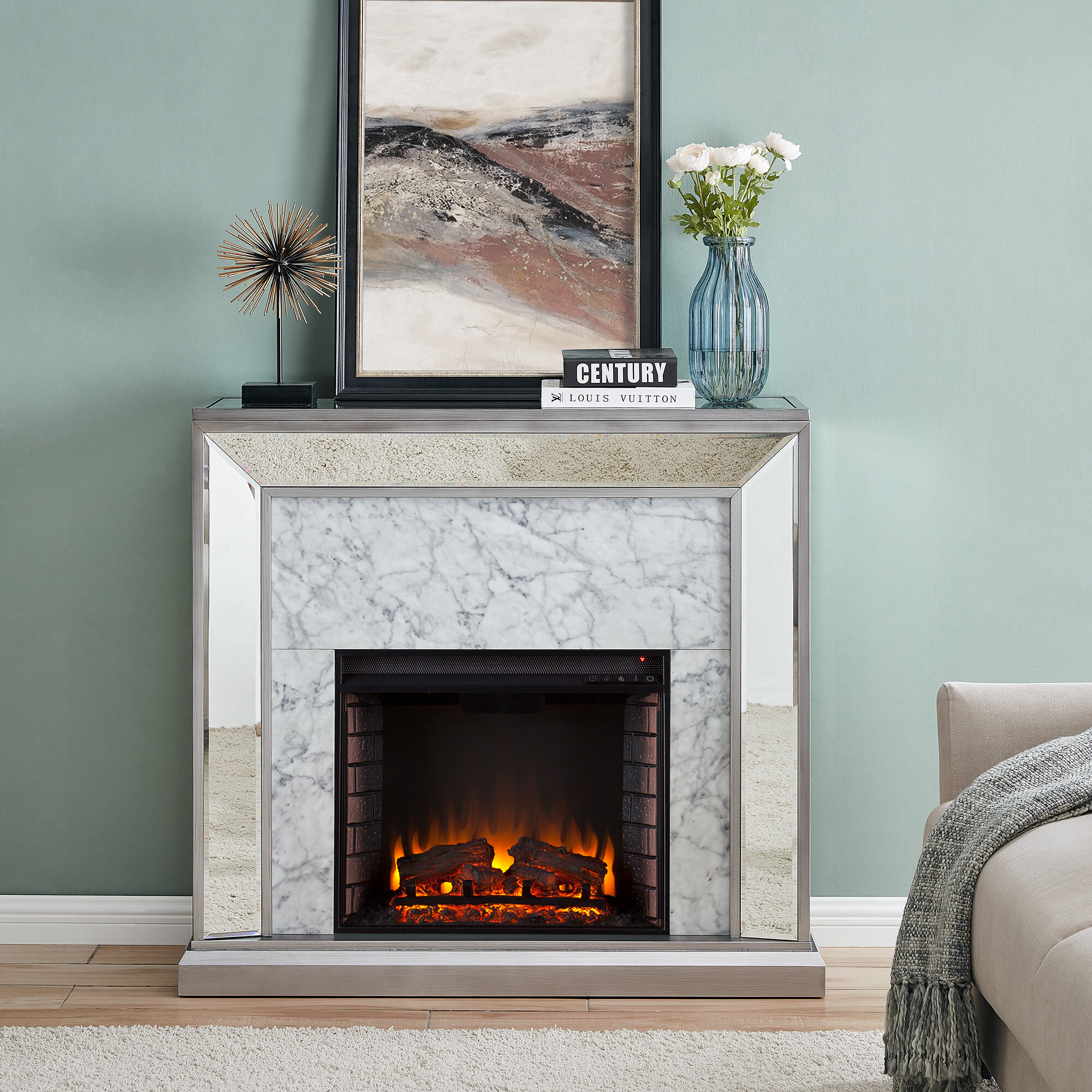 Ebern Designs Trandling Mirrored Faux Stone Electric Fireplace Wayfair