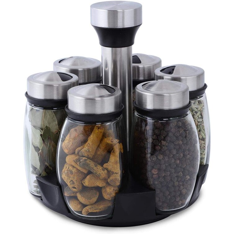 8 Jar 360° Rotating Glass Spice Bottle Rack Kitchen Storage Condiments Container