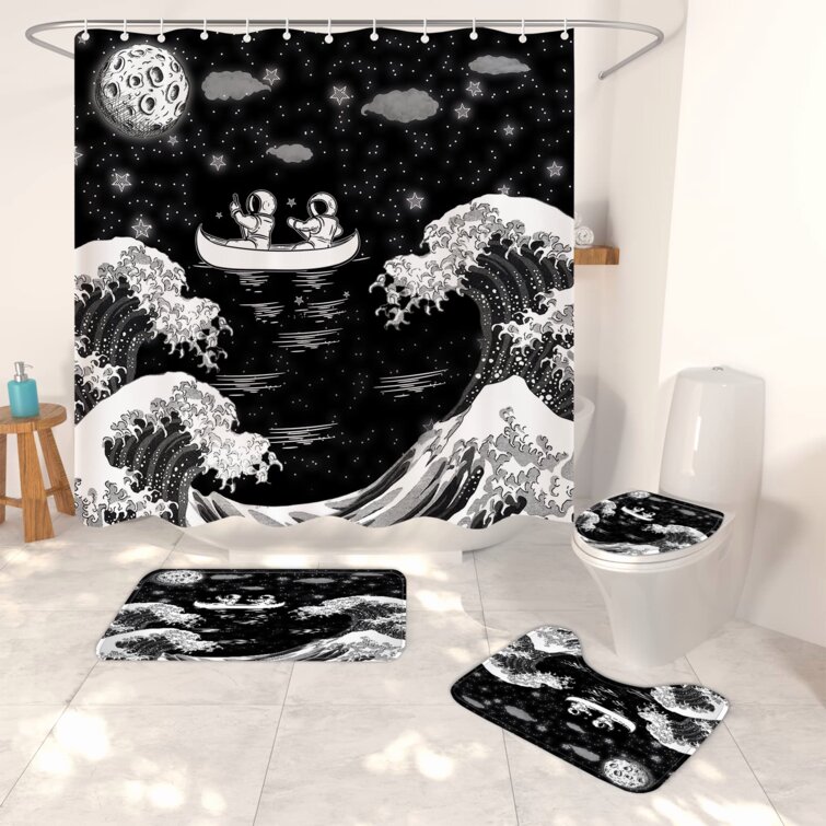 Space astronauts Flannel Bath Mat Set Polyester Shower Curtain Covered 12 Hooks 