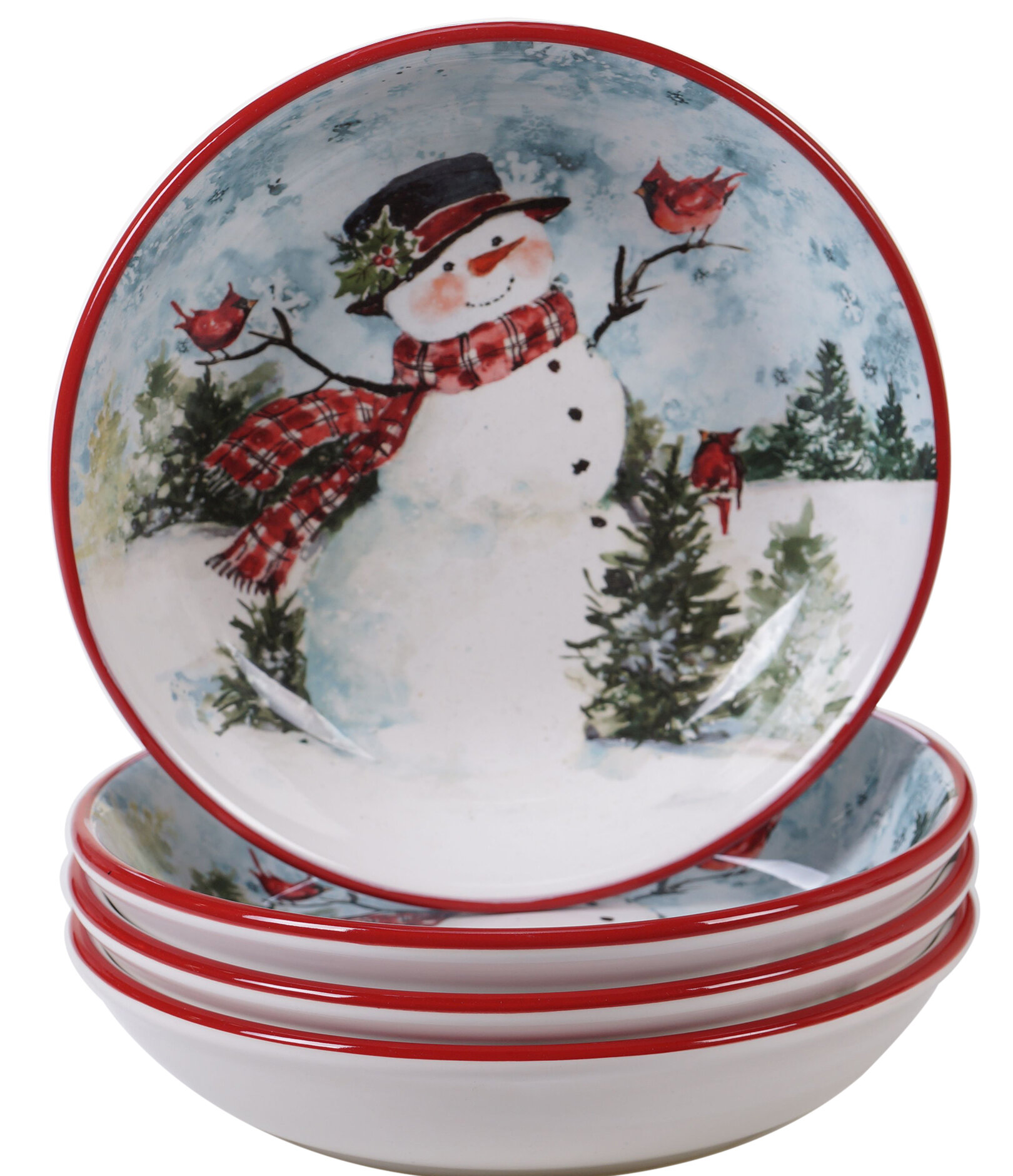Melamine Snowman Old Red Barn Farm 8" Salad Cereal Bowls Set 4 Christmas Winter 
