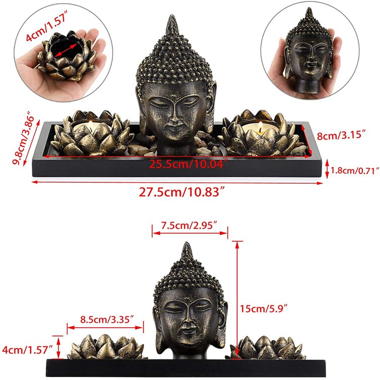 Buddha Head Sculpture Zen Garden Set w/ Lotus Tealight Candle Holders & Wooden Display Tray Black