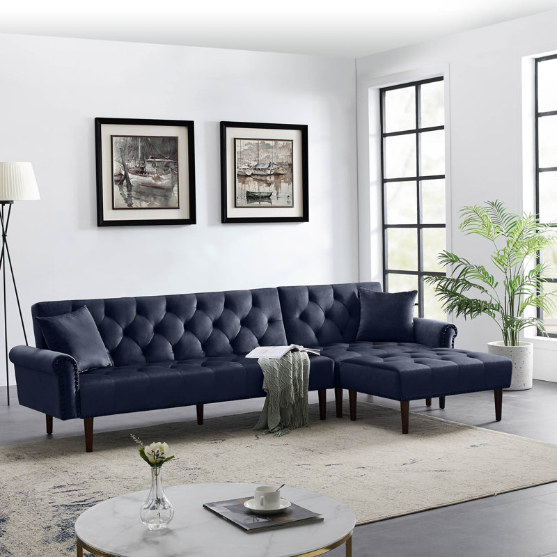 Everly Quinn Earleton 112 99 Velvet Reversible Sleeper Sofa Chaise With Ottoman Wayfair
