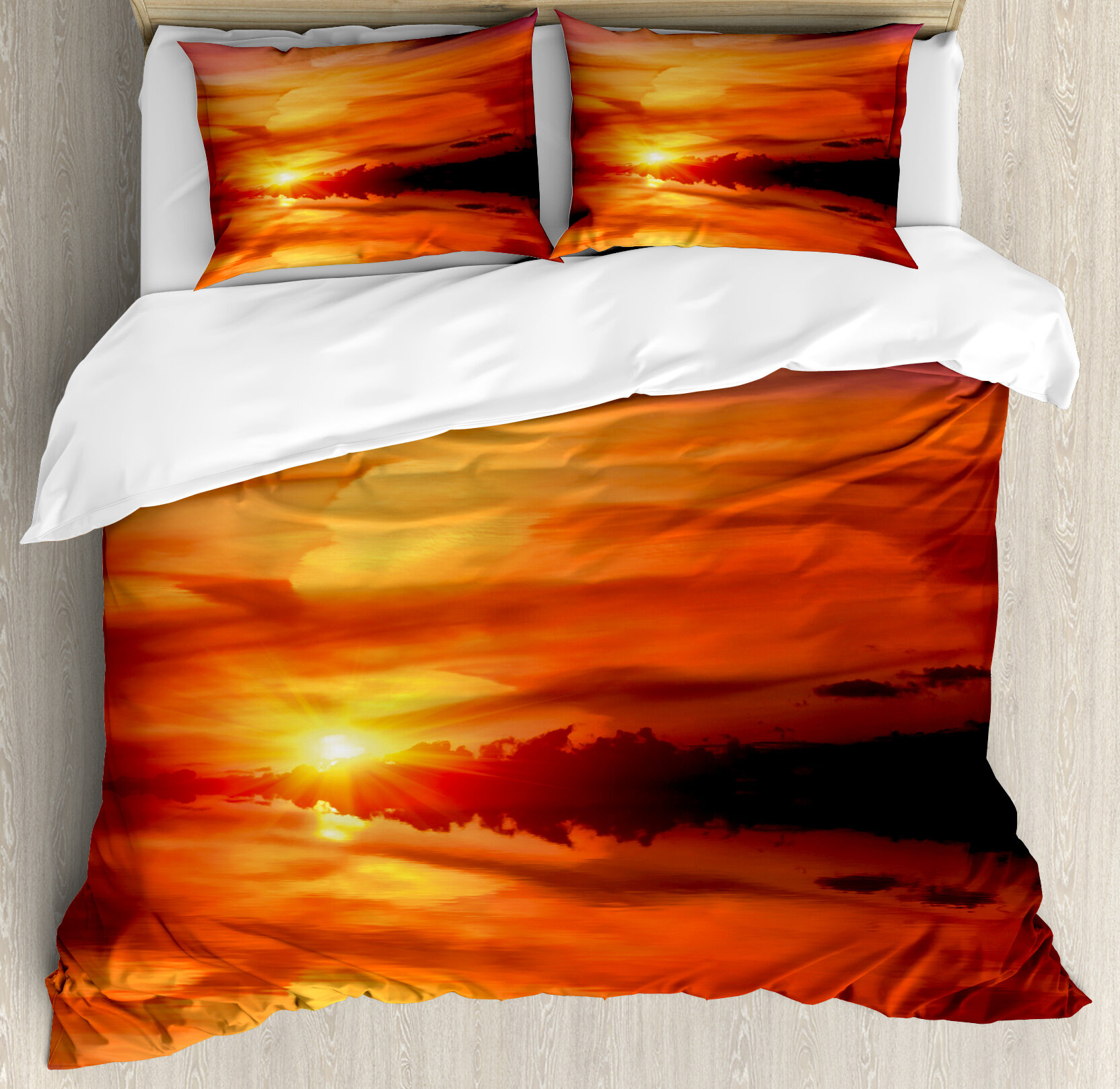 Nature Quilted Bedspread /& Pillow Shams Set Dramatic Sunset Lake Print