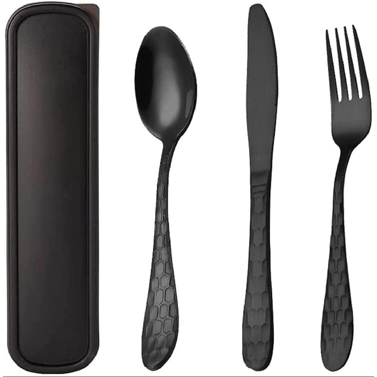 Lunch Box and Camping Spoon Ideal for Travel Grey Office Cutlery Set with Case 3pc Stainless Steel Full Size Knife Fork 