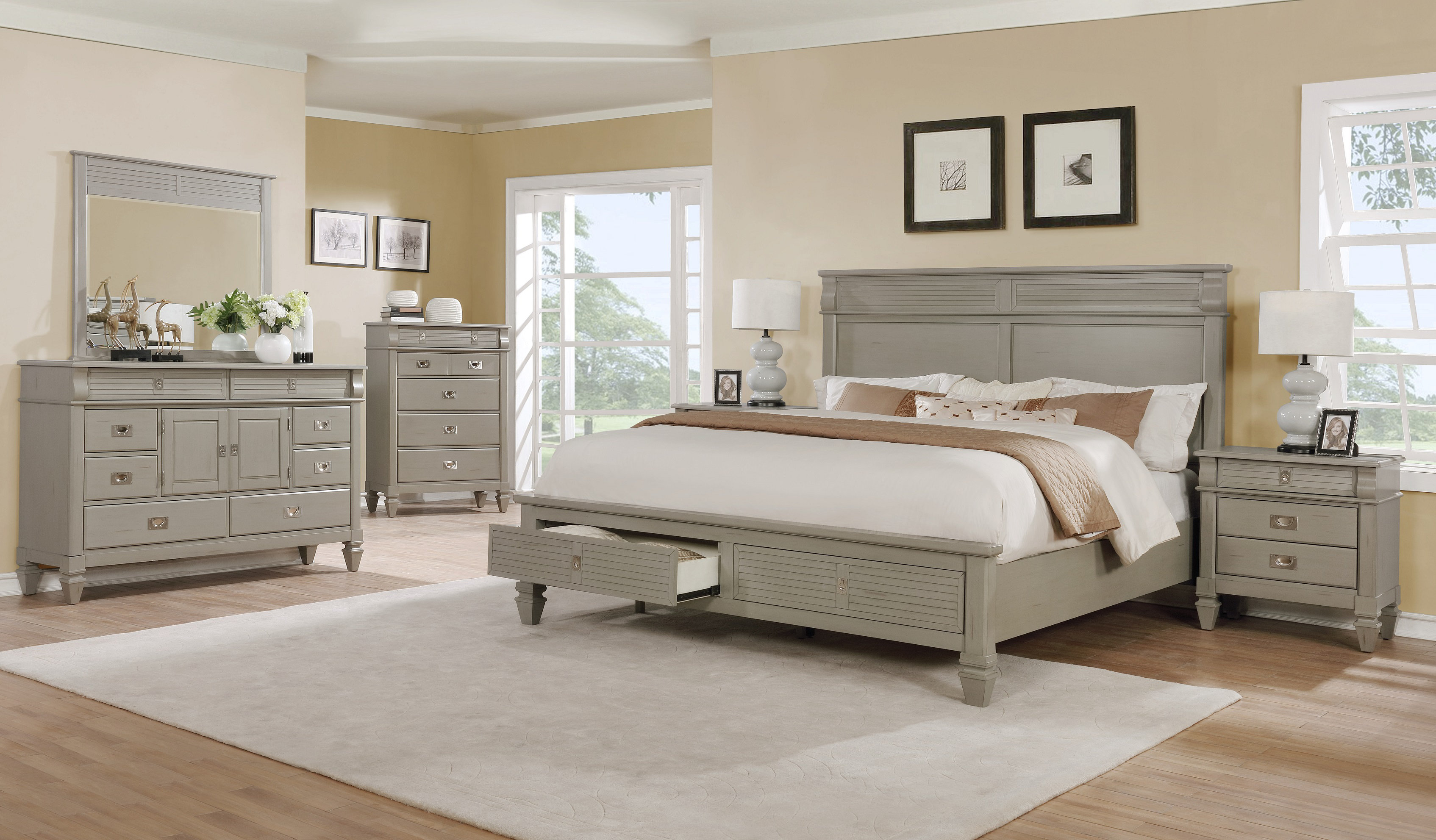 Beachcrest Home Vasilikos Gray Solid Wood Construction Platform 5 Piece Bedroom Set