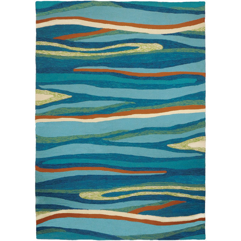 Homefires Ocean Waves Abstract Hand HookedBlue Indoor/Outdoor Area Rug ...
